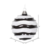 6 Inch Christmas Ornament Wave Ball, Black and White Stripe Candy Finish with Glitter Accents, Shatterproof Plastic, Holiday Christmas Tree Decoration